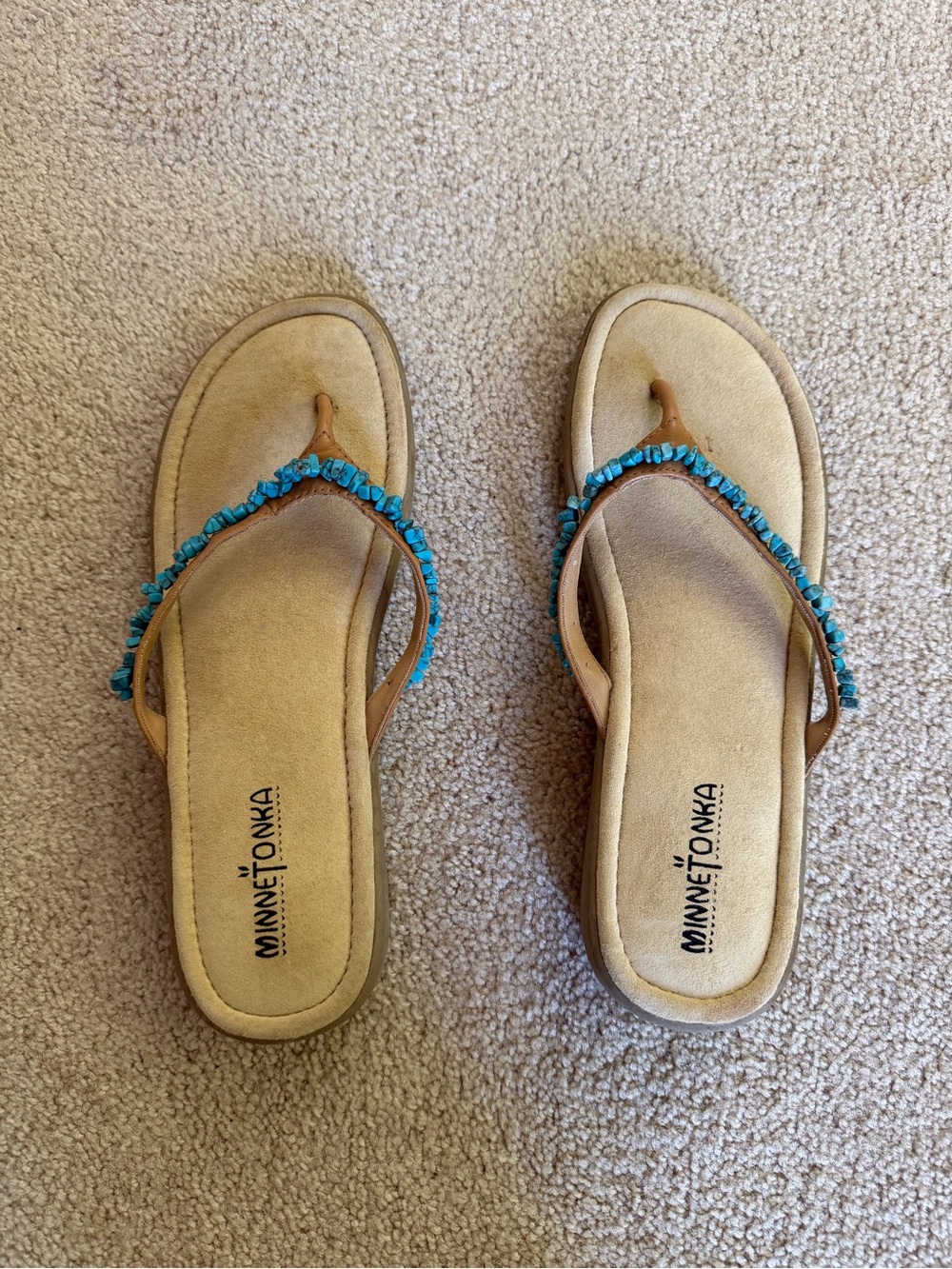 Minnetonka Tan Suede Sandals with Turquoise Bead Trim
